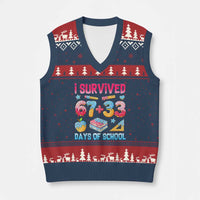 I Survived 67 Plus 33 100 Days of School V-Neck Knit Sweater Vest Six Seven Meme Colorful Math Humor - Wonder Print Shop