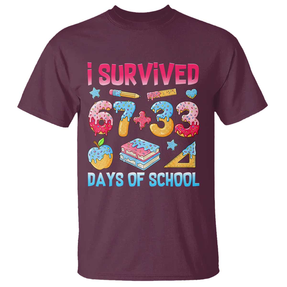 I Survived 67 Plus 33 100 Days of School T Shirt Six Seven Meme Colorful Math Humor - Wonder Print Shop