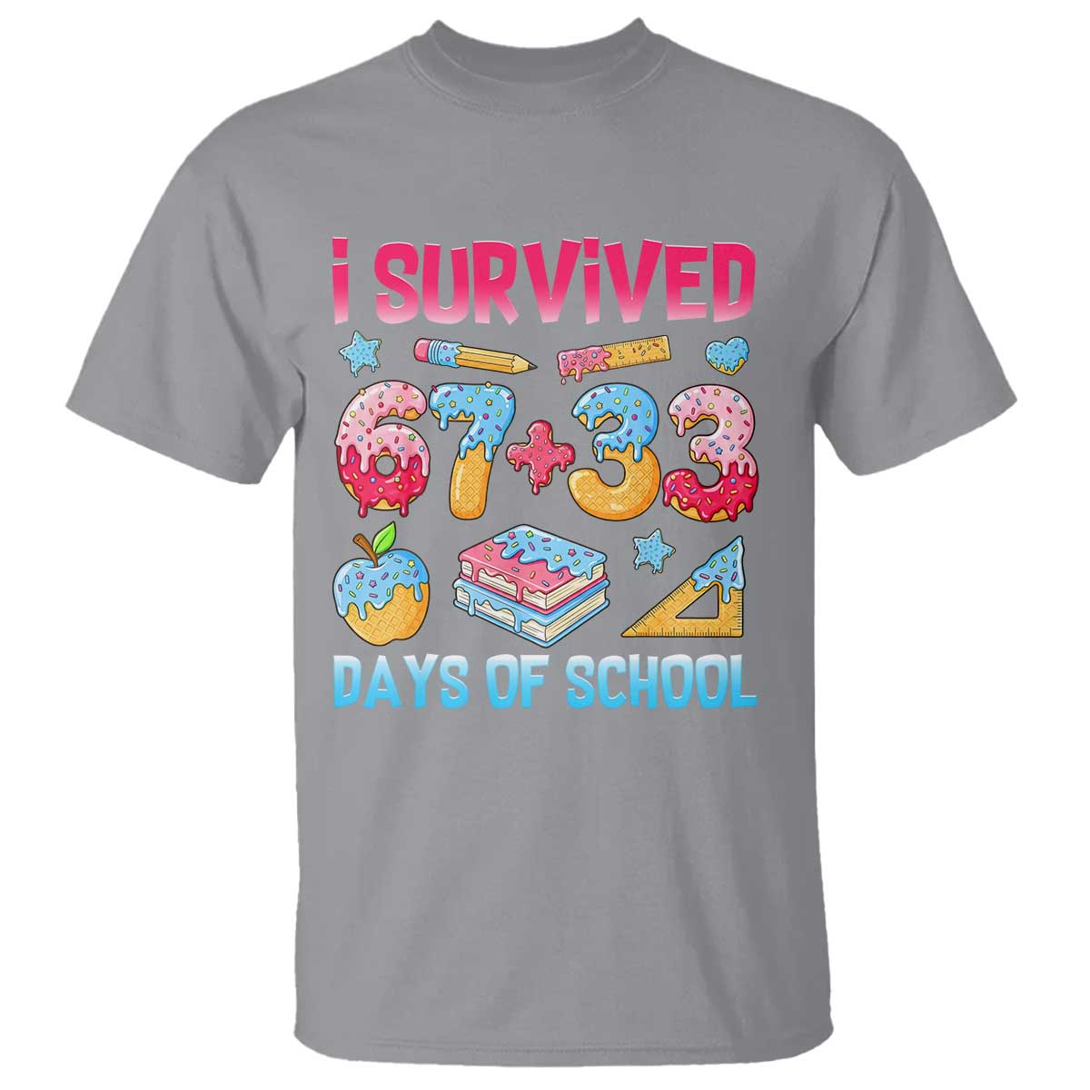 I Survived 67 Plus 33 100 Days of School T Shirt Six Seven Meme Colorful Math Humor - Wonder Print Shop