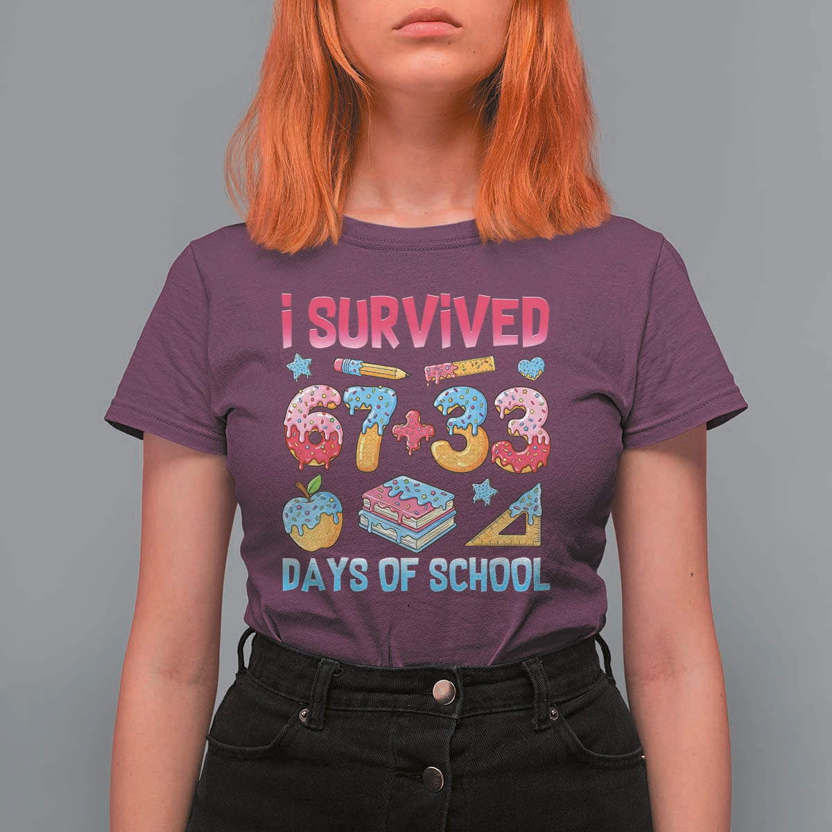 I Survived 67 Plus 33 100 Days of School T Shirt For Women Six Seven Meme Colorful Math Humor - Wonder Print Shop