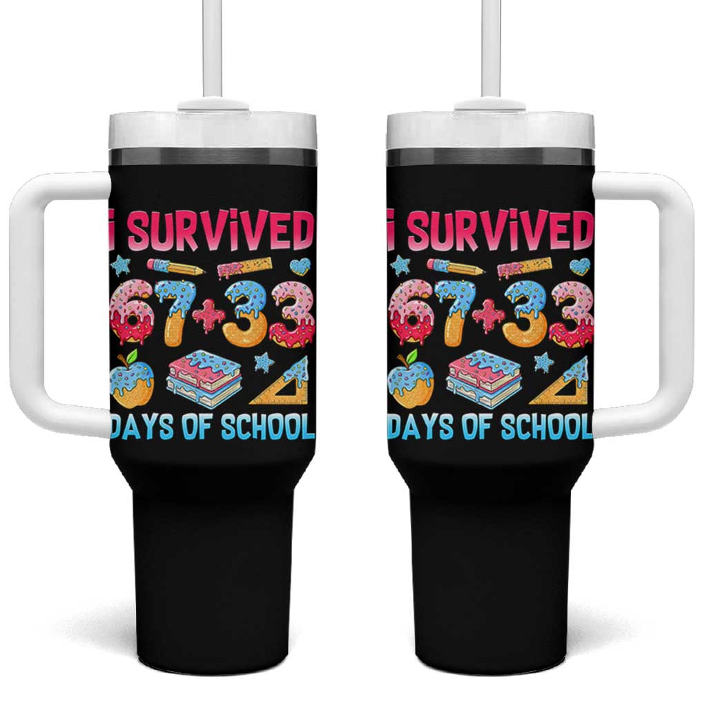 I Survived 67 Plus 33 100 Days of School Tumbler With Handle Six Seven Meme Colorful Math Humor - Wonder Print Shop