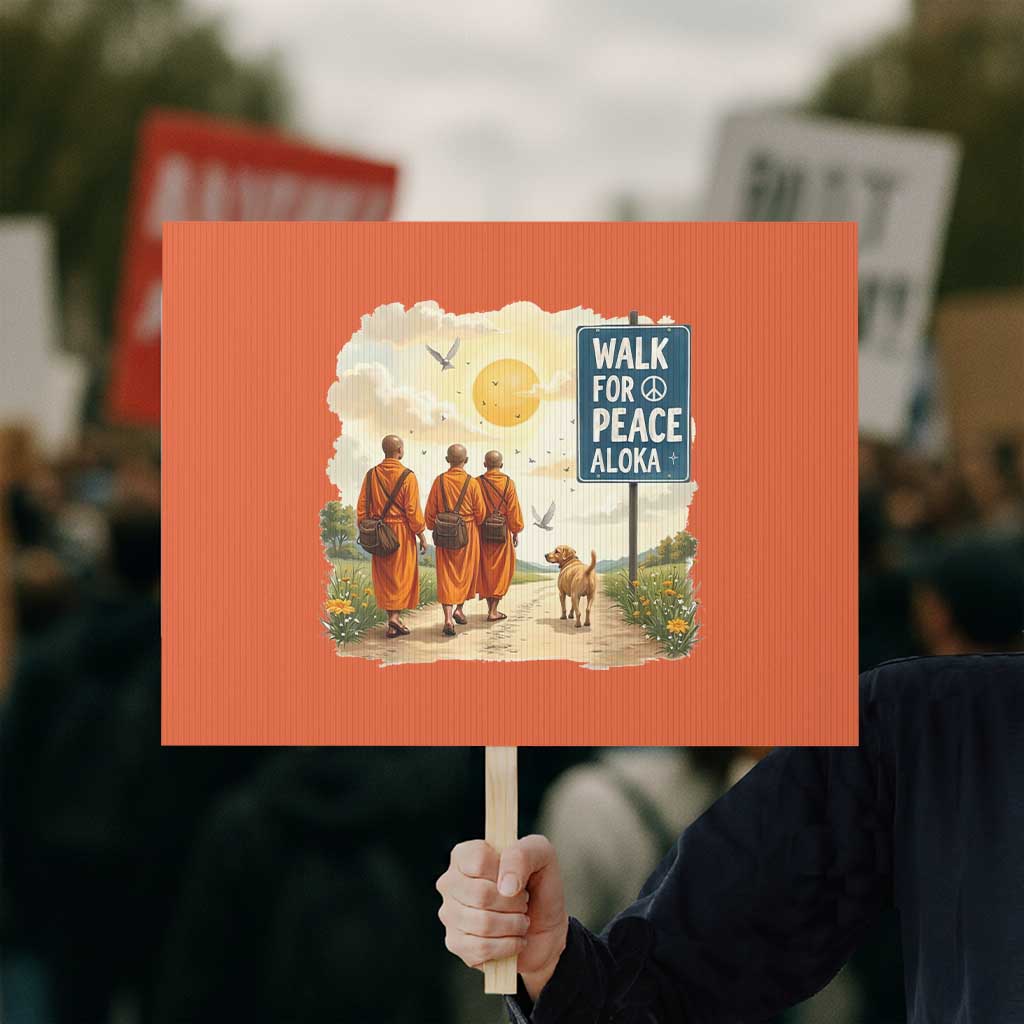 Walk For Peace Aloka the Dog and Monks Protest Sign