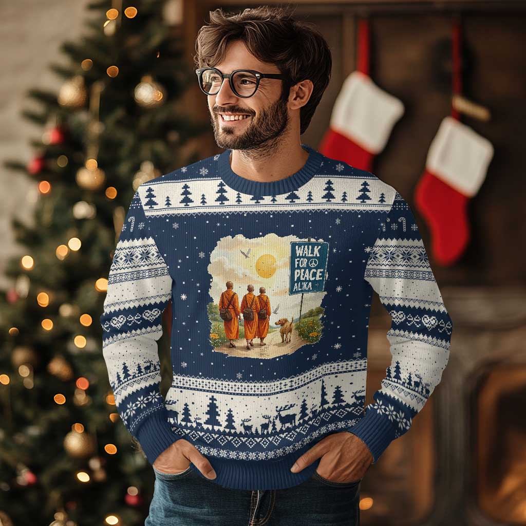 Walk For Peace Aloka the Dog and Monks Ugly Christmas Sweater