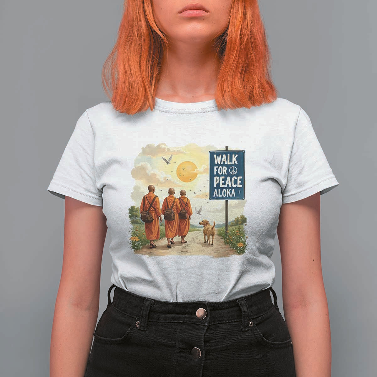 Walk For Peace Aloka the Dog and Monks T Shirt For Women
