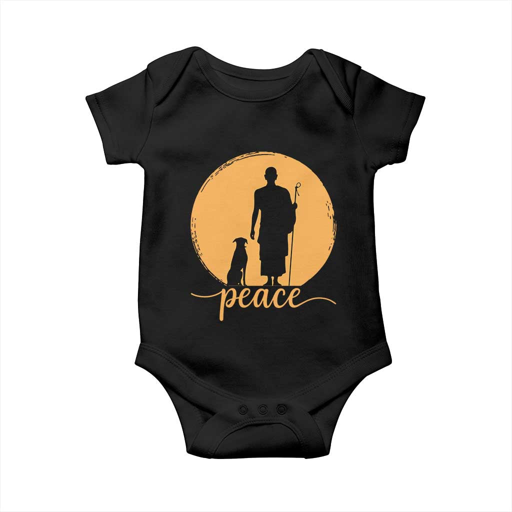 Monk and Dog Silhouette Peace Baby Onesie Spiritual Walk for Peace Sunset - Wonder Print Shop