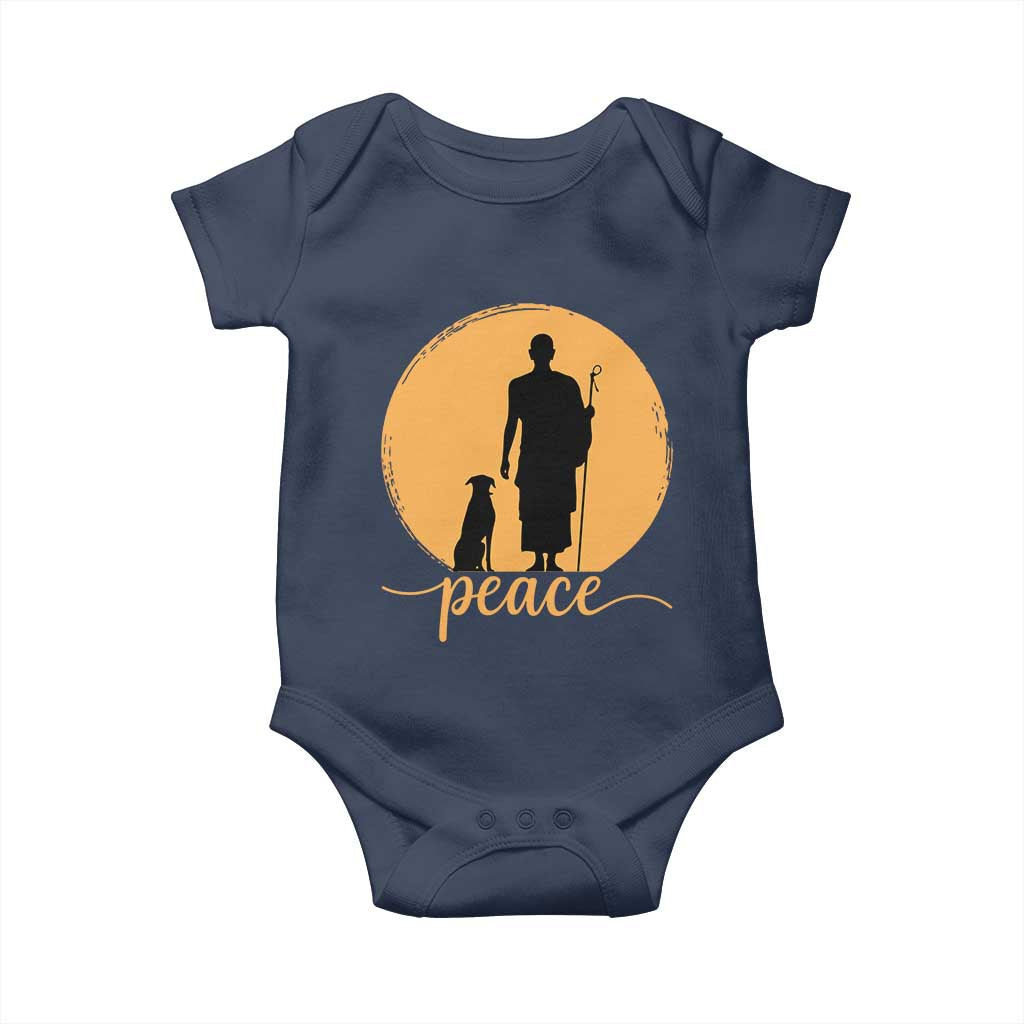 Monk and Dog Silhouette Peace Baby Onesie Spiritual Walk for Peace Sunset - Wonder Print Shop