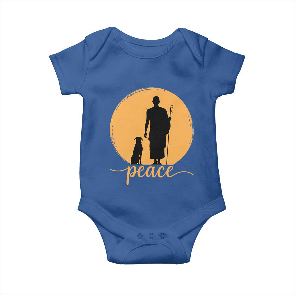 Monk and Dog Silhouette Peace Baby Onesie Spiritual Walk for Peace Sunset - Wonder Print Shop