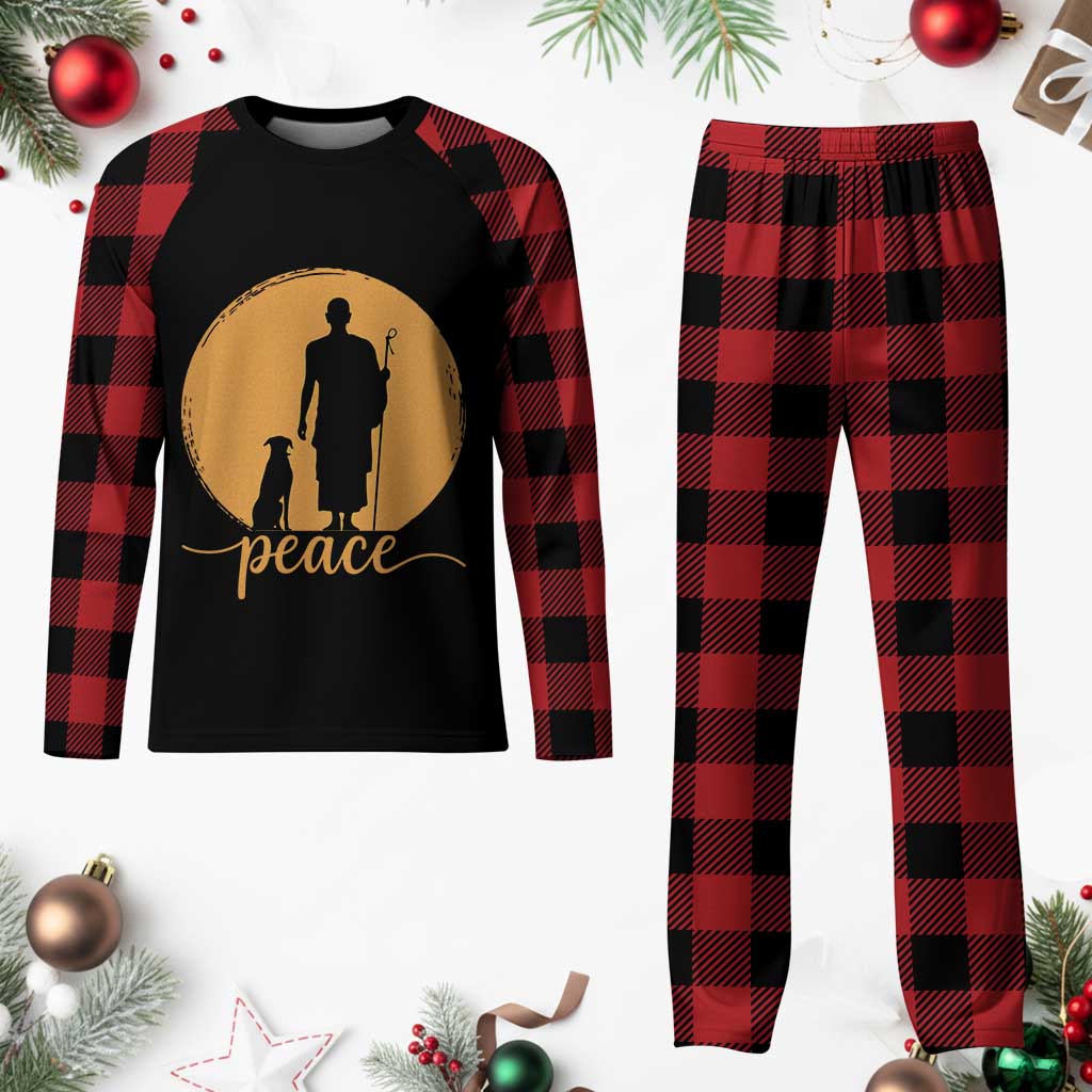 Monk and Dog Silhouette Peace Plaid Pajama Set Spiritual Walk for Peace Sunset - Wonder Print Shop