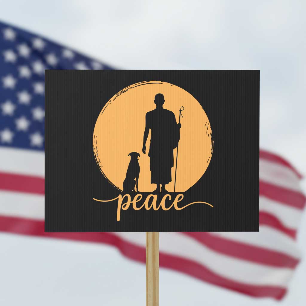 Monk and Dog Silhouette Peace Protest Sign Spiritual Walk for Peace Sunset