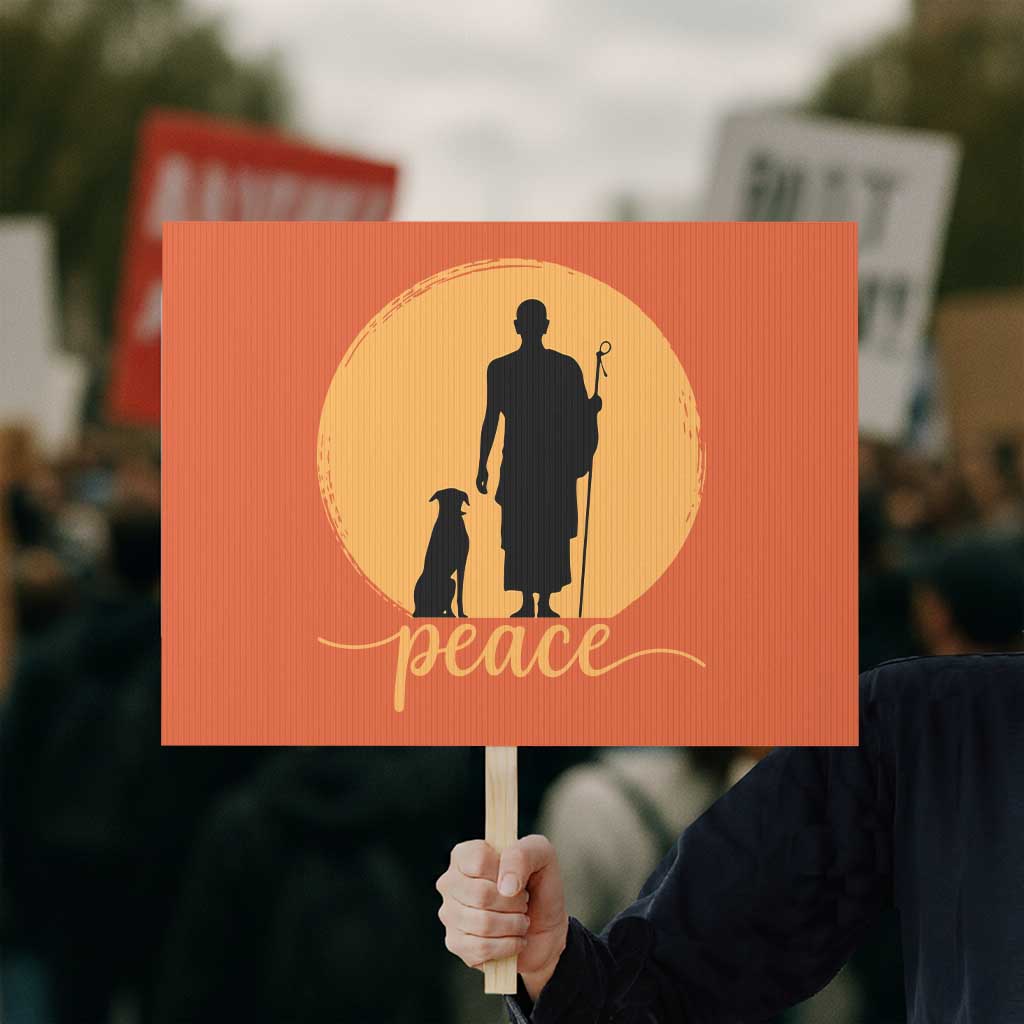 Monk and Dog Silhouette Peace Protest Sign Spiritual Walk for Peace Sunset