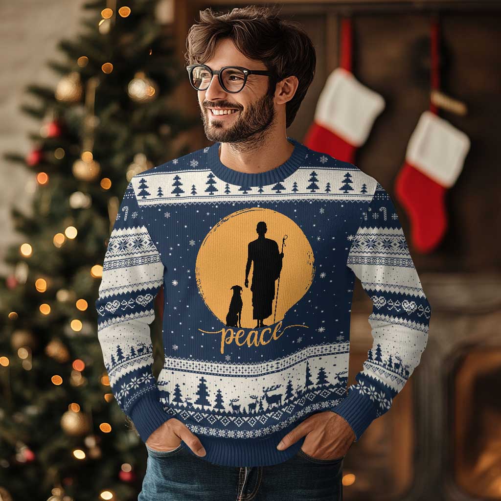Monk and Dog Silhouette Peace Ugly Christmas Sweater Spiritual Walk for Peace Sunset - Wonder Print Shop