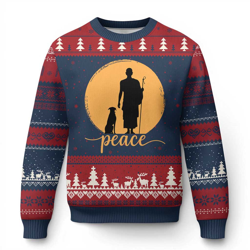 Monk and Dog Silhouette Peace Ugly Christmas Sweater Spiritual Walk for Peace Sunset - Wonder Print Shop