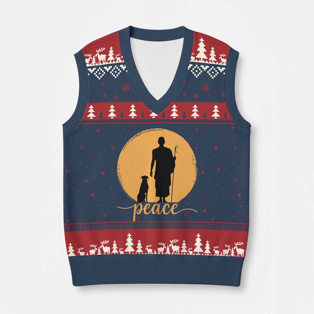 Monk and Dog Silhouette Peace V-Neck Knit Sweater Vest Spiritual Walk for Peace Sunset - Wonder Print Shop