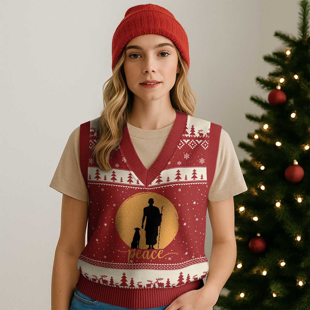 Monk and Dog Silhouette Peace V-Neck Knit Sweater Vest Spiritual Walk for Peace Sunset - Wonder Print Shop