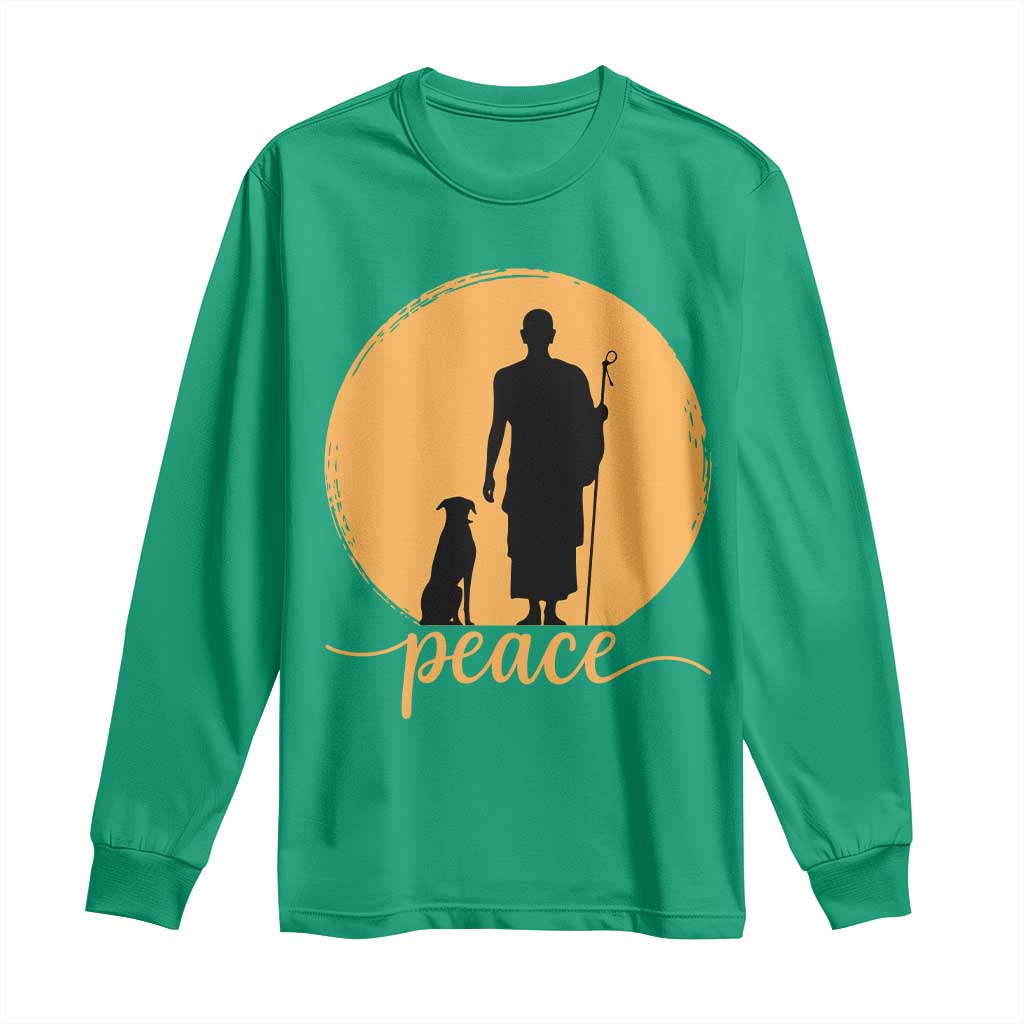 Monk and Dog Silhouette Peace Long Sleeve Shirt Spiritual Walk for Peace Sunset - Wonder Print Shop