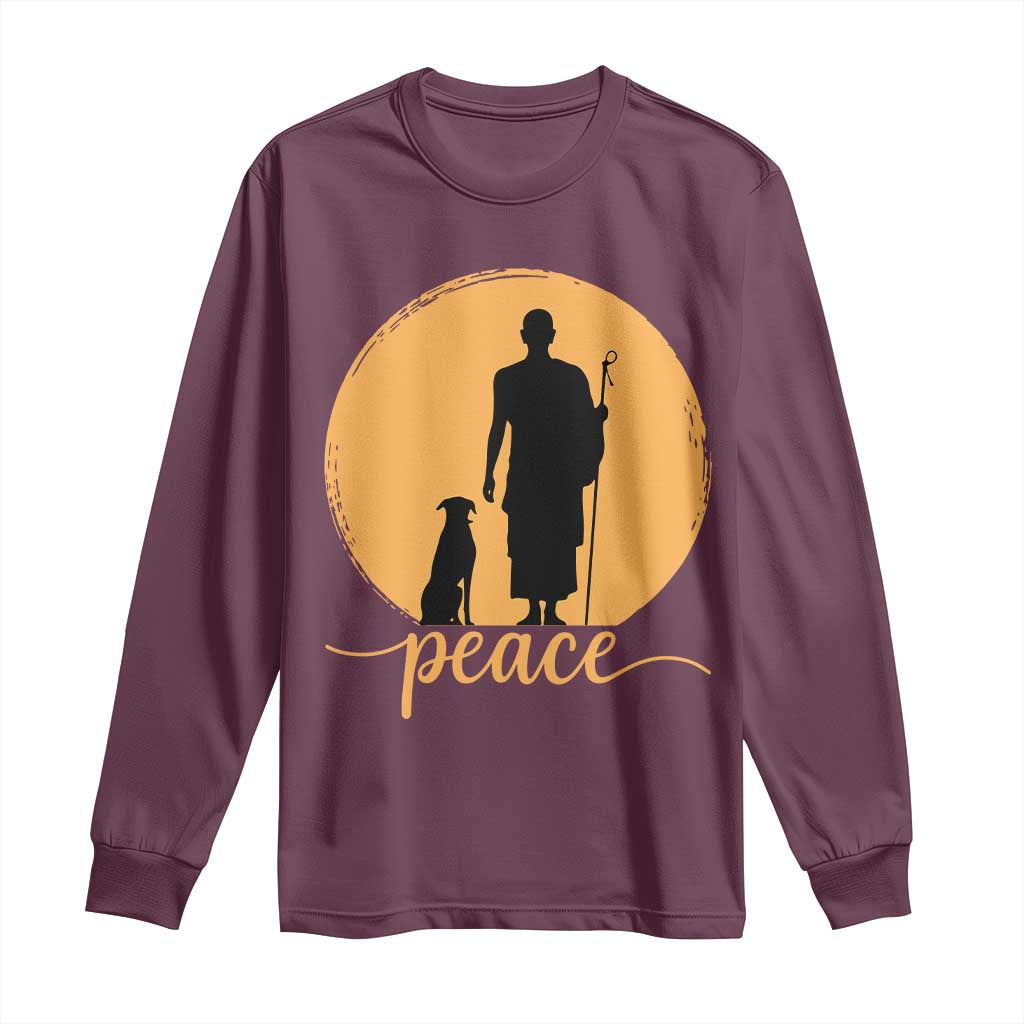 Monk and Dog Silhouette Peace Long Sleeve Shirt Spiritual Walk for Peace Sunset - Wonder Print Shop