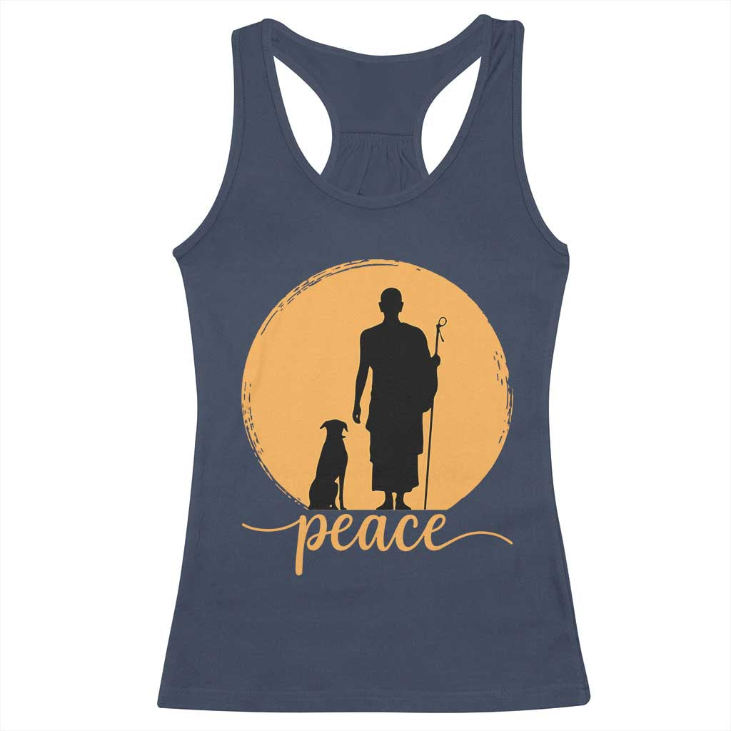 Monk and Dog Silhouette Peace Racerback Tank Top Spiritual Walk for Peace Sunset - Wonder Print Shop