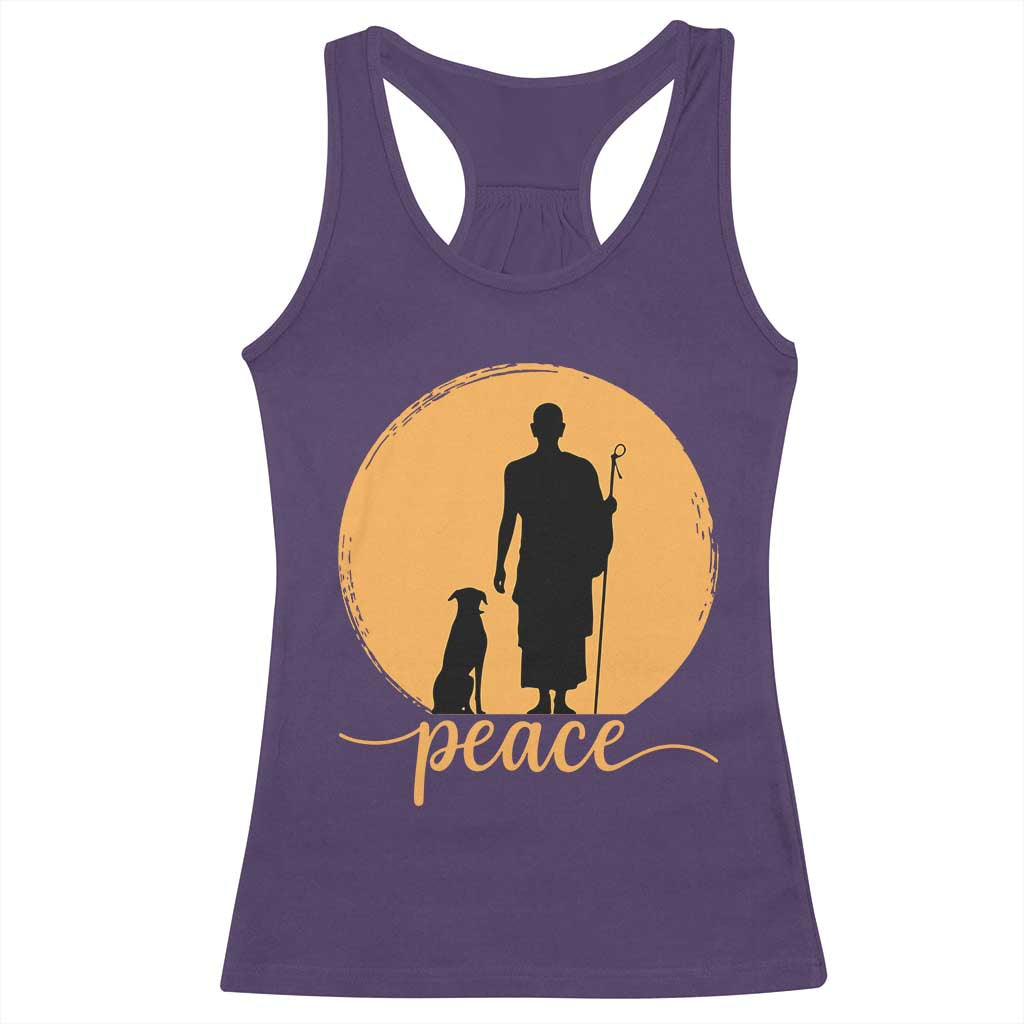 Monk and Dog Silhouette Peace Racerback Tank Top Spiritual Walk for Peace Sunset - Wonder Print Shop