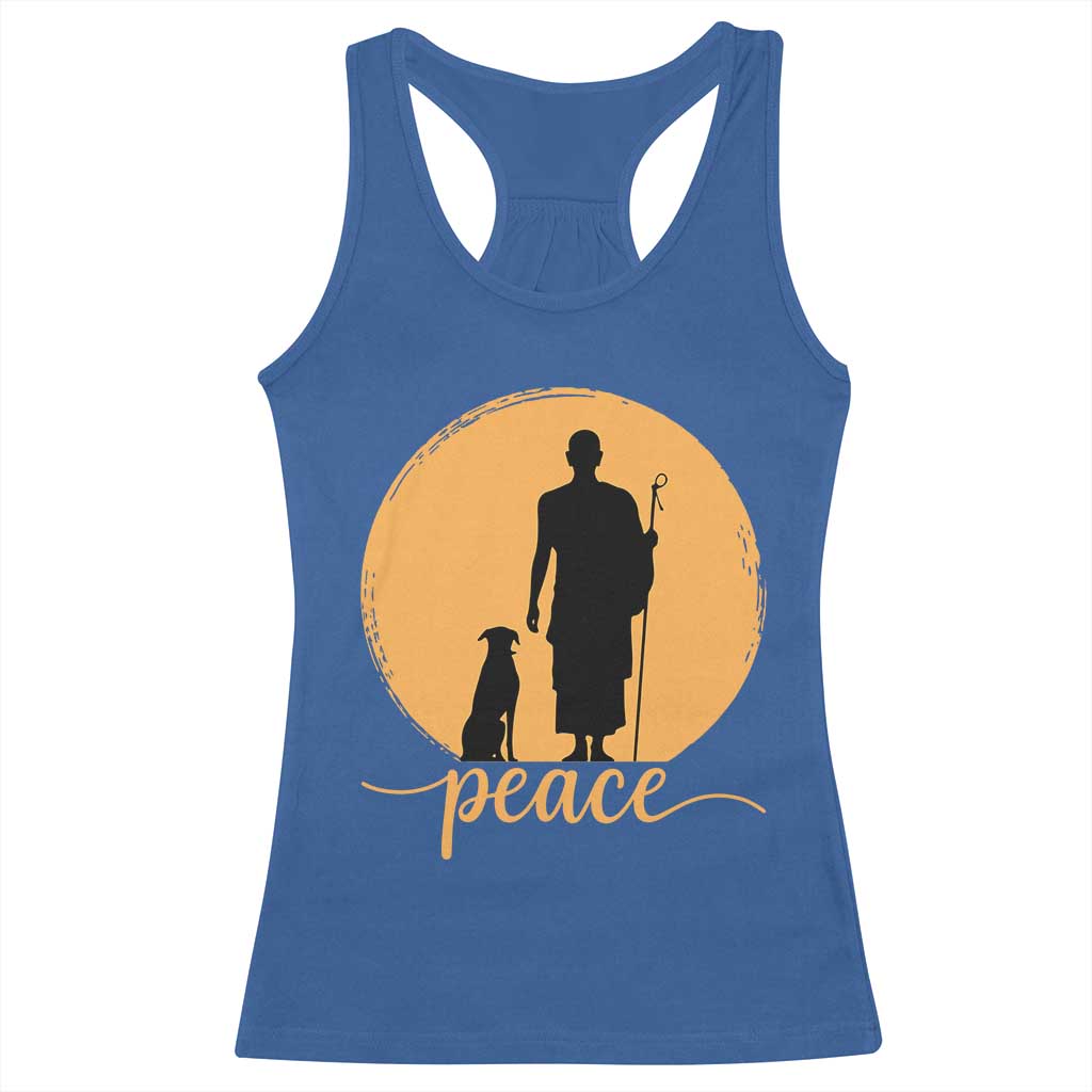Monk and Dog Silhouette Peace Racerback Tank Top Spiritual Walk for Peace Sunset - Wonder Print Shop