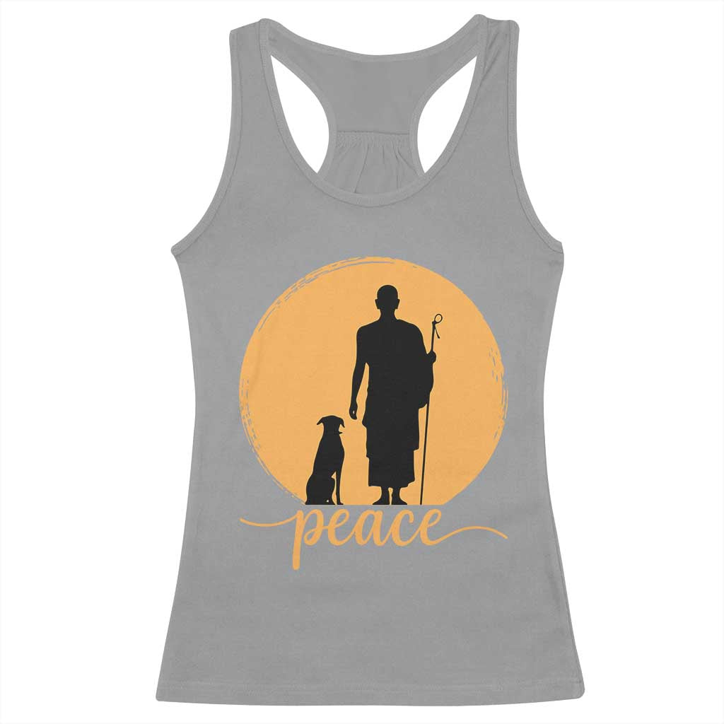 Monk and Dog Silhouette Peace Racerback Tank Top Spiritual Walk for Peace Sunset - Wonder Print Shop
