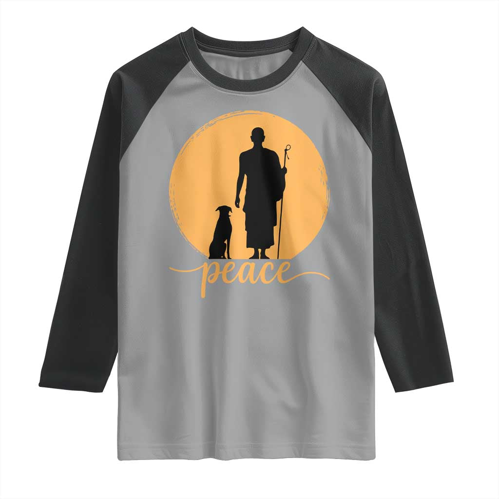 Monk and Dog Silhouette Peace Raglan Shirt Spiritual Walk for Peace Sunset - Wonder Print Shop
