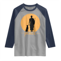 Monk and Dog Silhouette Peace Raglan Shirt Spiritual Walk for Peace Sunset - Wonder Print Shop