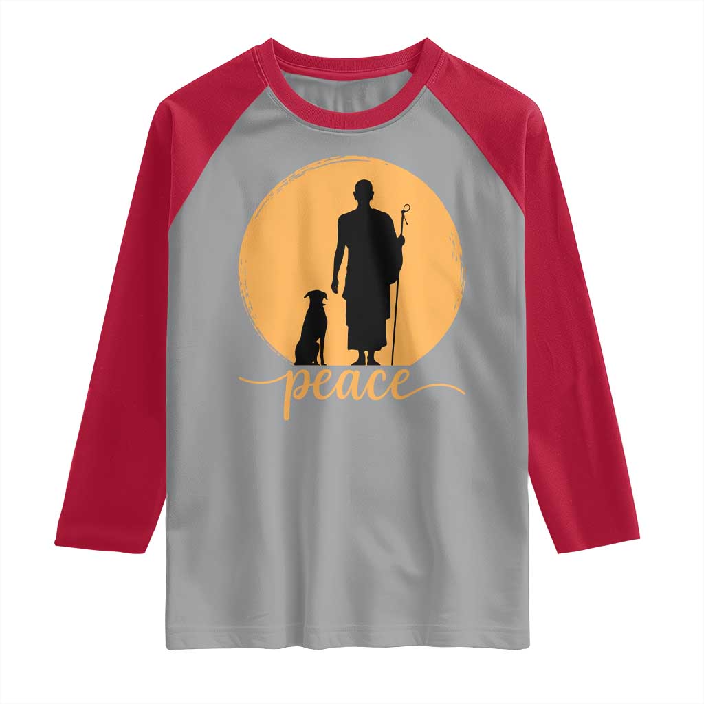 Monk and Dog Silhouette Peace Raglan Shirt Spiritual Walk for Peace Sunset - Wonder Print Shop