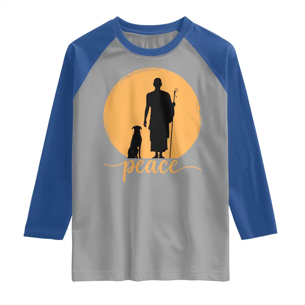 Monk and Dog Silhouette Peace Raglan Shirt Spiritual Walk for Peace Sunset - Wonder Print Shop
