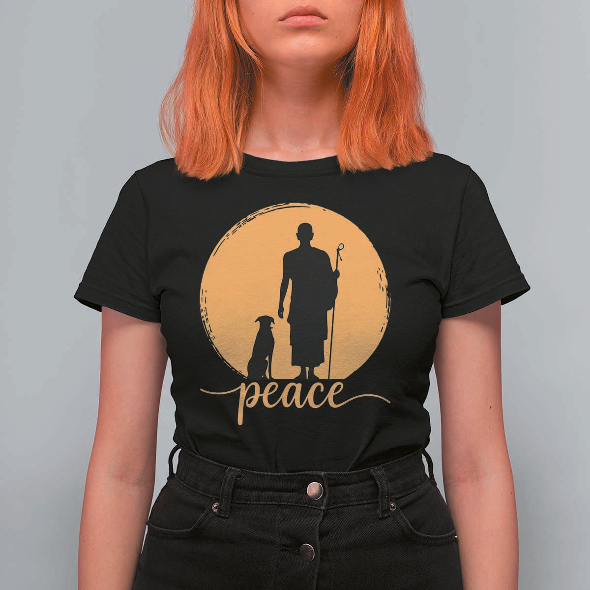 Monk and Dog Silhouette Peace T Shirt For Women Spiritual Walk for Peace Sunset - Wonder Print Shop