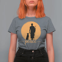 Monk and Dog Silhouette Peace T Shirt For Women Spiritual Walk for Peace Sunset - Wonder Print Shop
