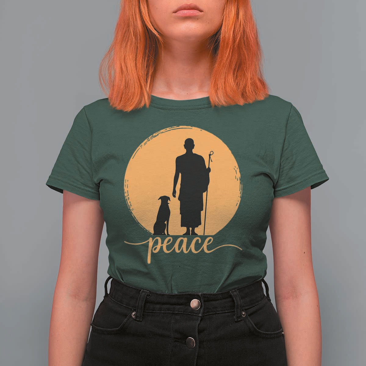 Monk and Dog Silhouette Peace T Shirt For Women Spiritual Walk for Peace Sunset - Wonder Print Shop