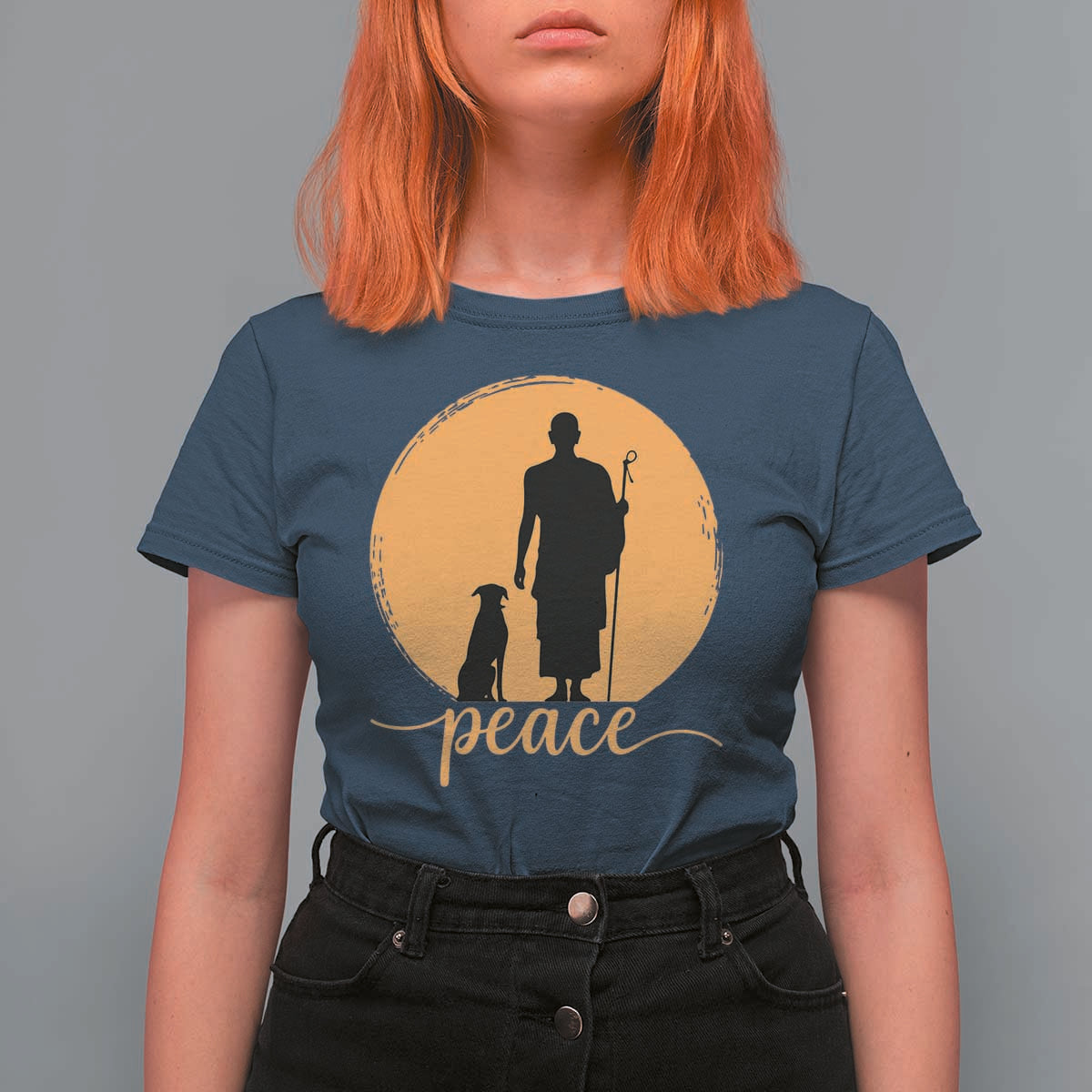 Monk and Dog Silhouette Peace T Shirt For Women Spiritual Walk for Peace Sunset - Wonder Print Shop