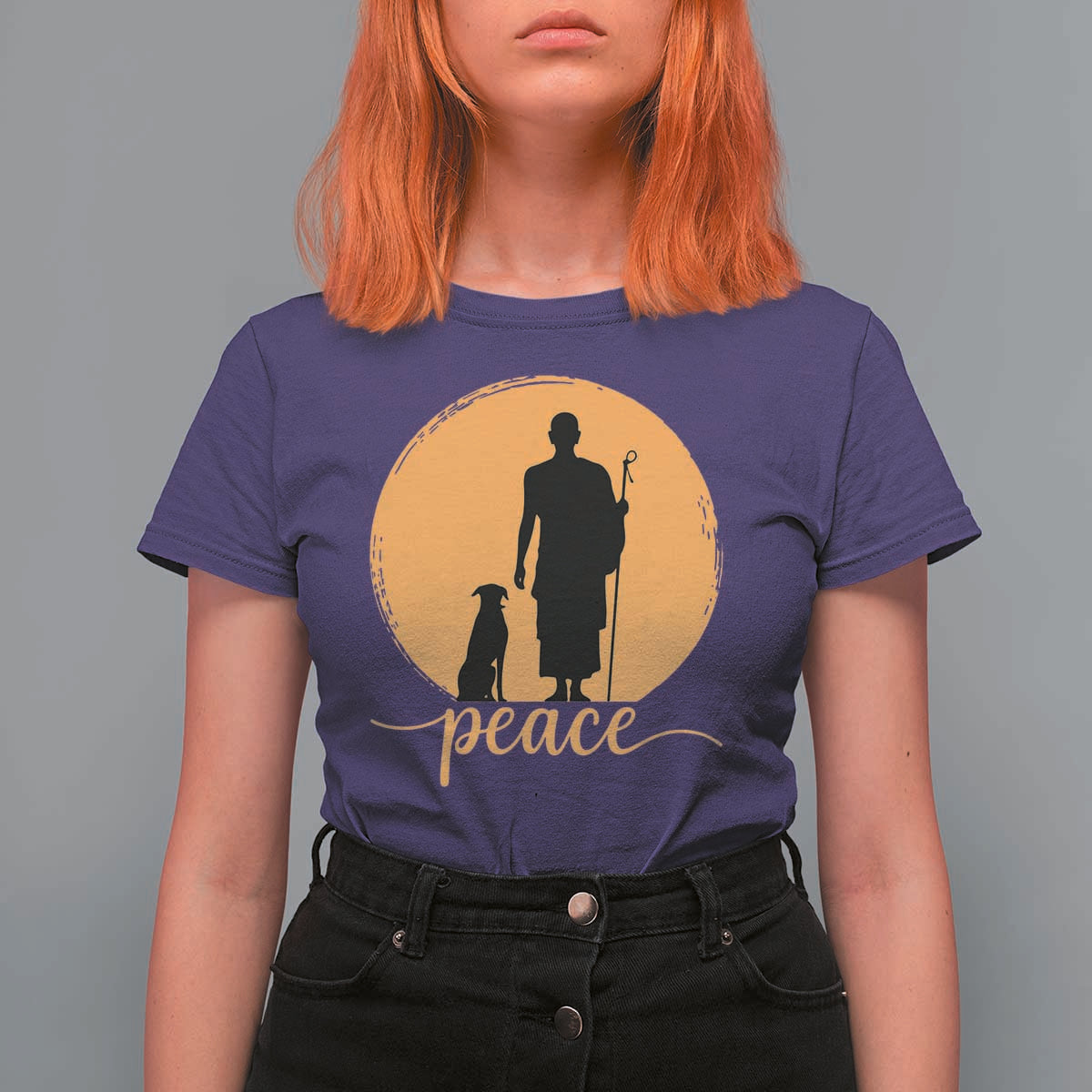 Monk and Dog Silhouette Peace T Shirt For Women Spiritual Walk for Peace Sunset - Wonder Print Shop
