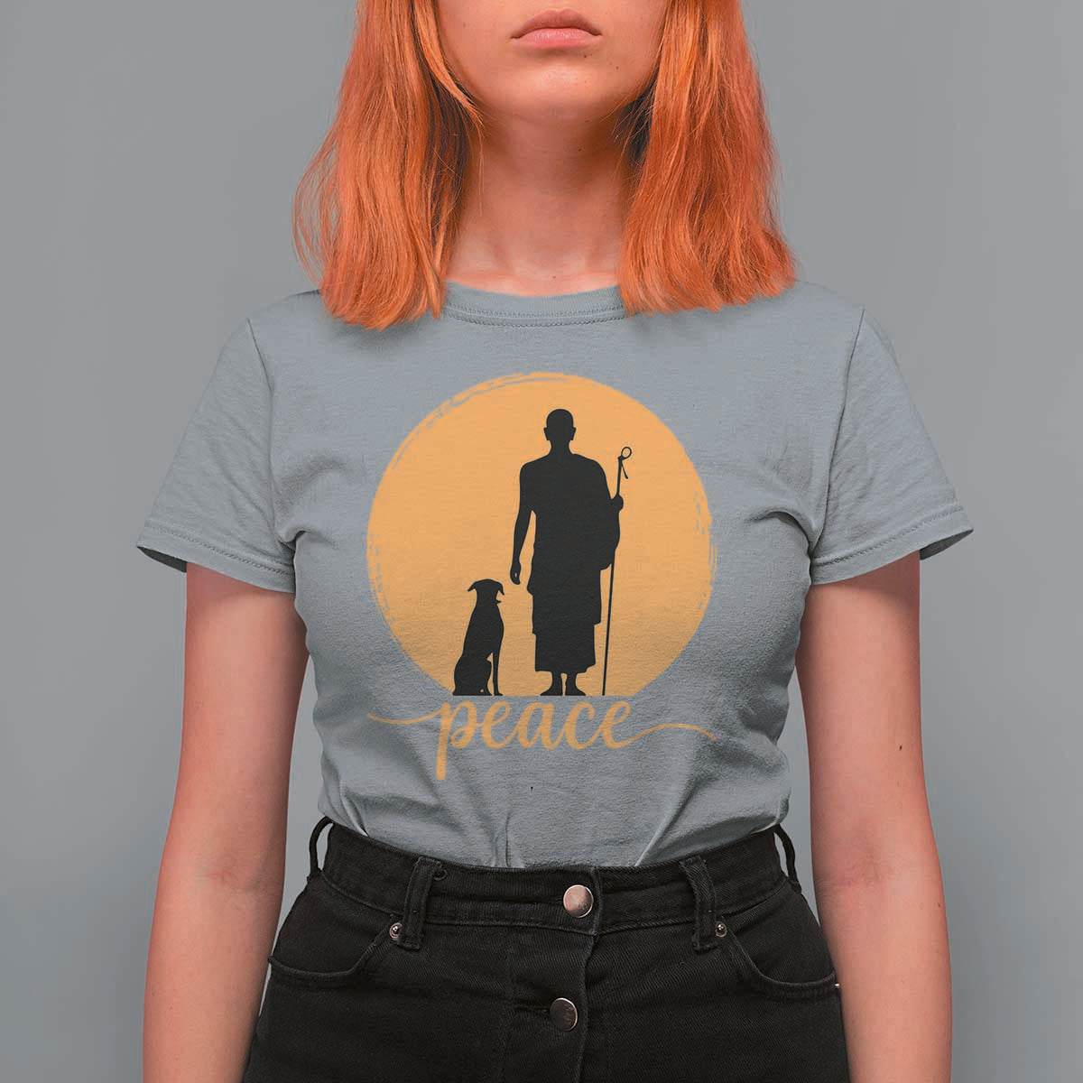 Monk and Dog Silhouette Peace T Shirt For Women Spiritual Walk for Peace Sunset - Wonder Print Shop