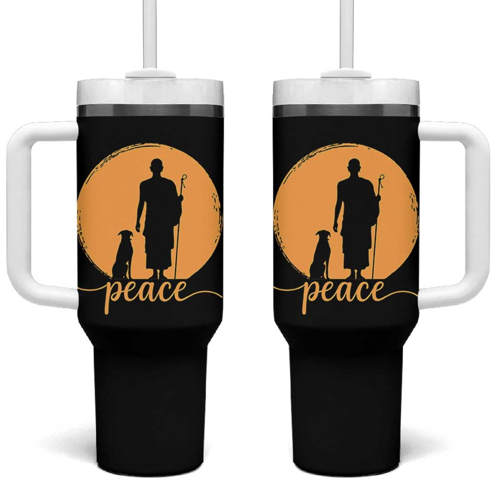 Monk and Dog Silhouette Peace Tumbler With Handle Spiritual Walk for Peace Sunset - Wonder Print Shop