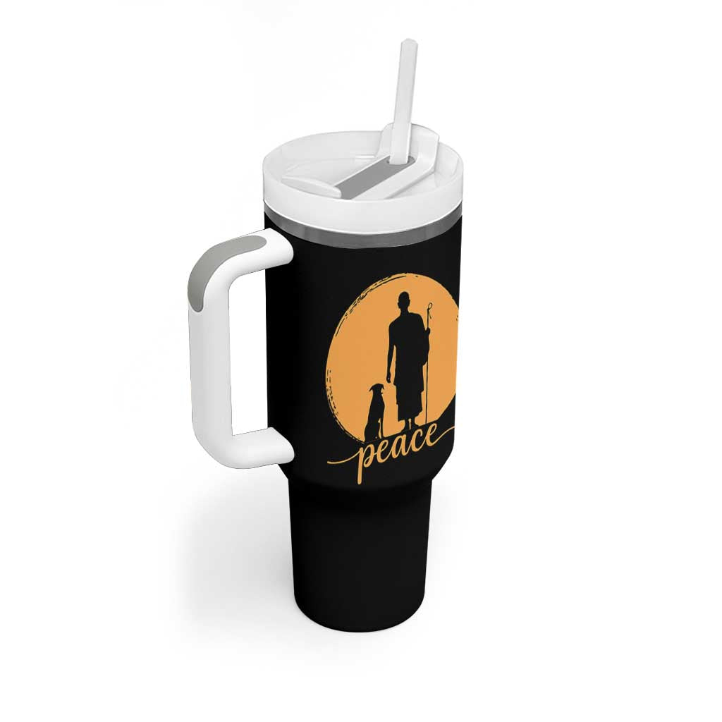 Monk and Dog Silhouette Peace Tumbler With Handle Spiritual Walk for Peace Sunset - Wonder Print Shop