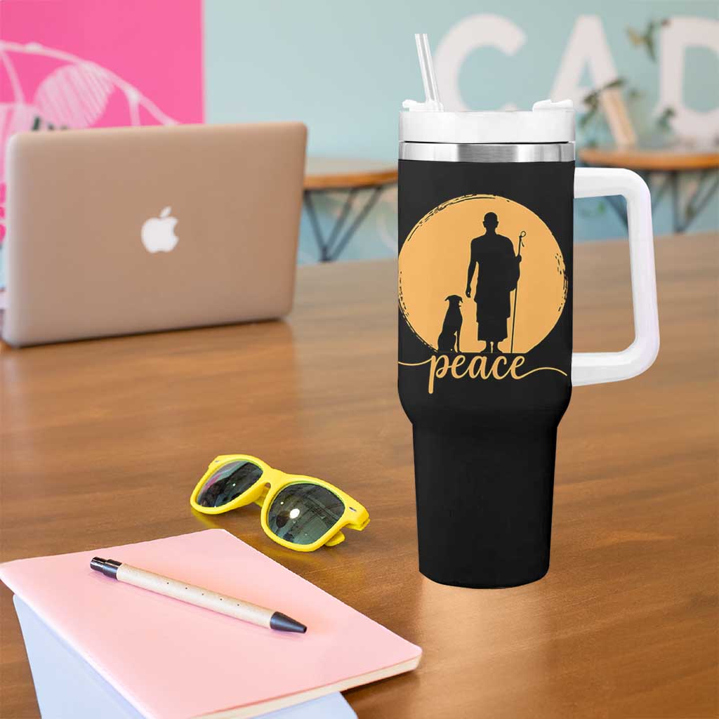 Monk and Dog Silhouette Peace Tumbler With Handle Spiritual Walk for Peace Sunset - Wonder Print Shop