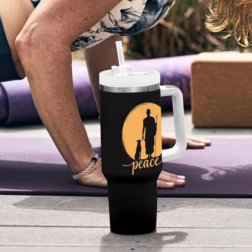 Monk and Dog Silhouette Peace Tumbler With Handle Spiritual Walk for Peace Sunset - Wonder Print Shop
