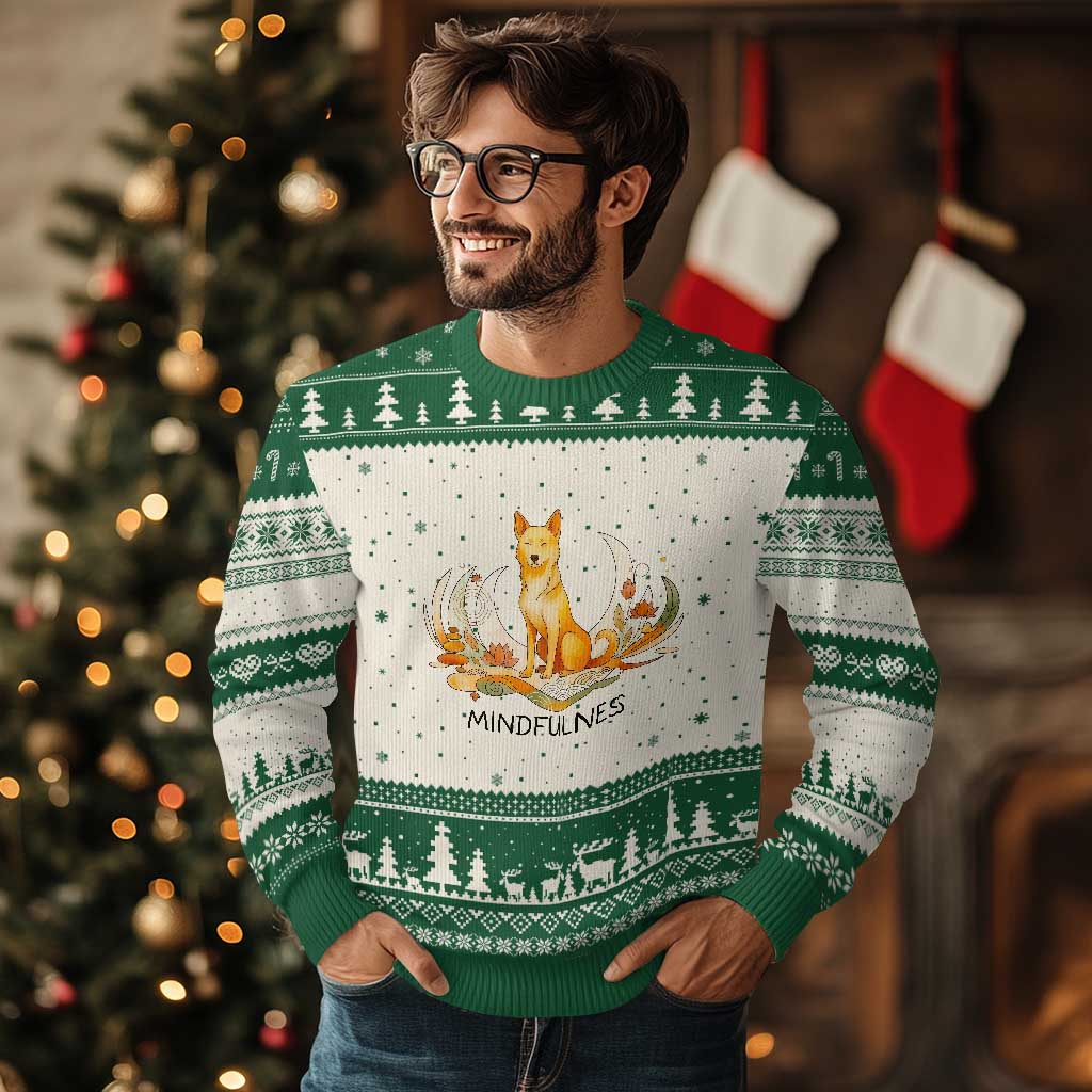 Mindful Aloka the Dog Mindfulness Ugly Christmas Sweater Zen Lotus Spiritual Calm