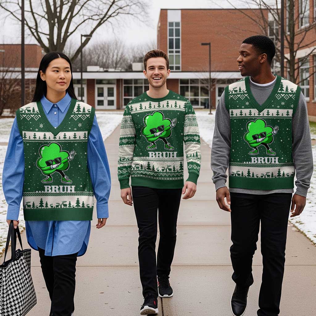 Funny Dabbing Shamrock V-Neck Knit Sweater Vest Bruh St. Patrick's Day - Wonder Print Shop