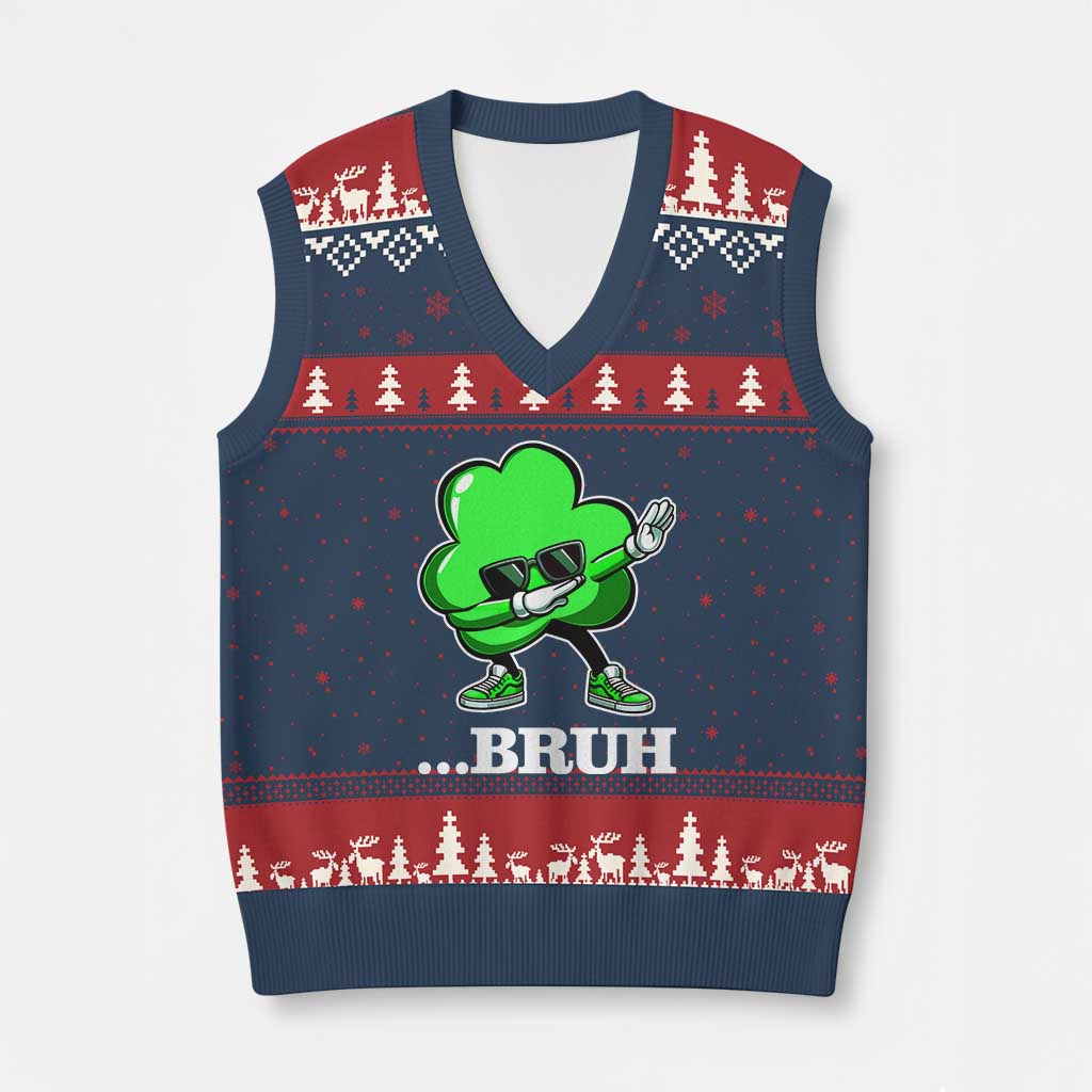 Funny Dabbing Shamrock V-Neck Knit Sweater Vest Bruh St. Patrick's Day - Wonder Print Shop