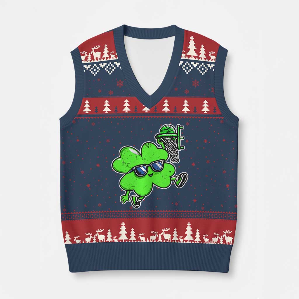 Funny Basketball Shamrock V-Neck Knit Sweater Vest Dunking Sports Player St. Patrick's Day - Wonder Print Shop