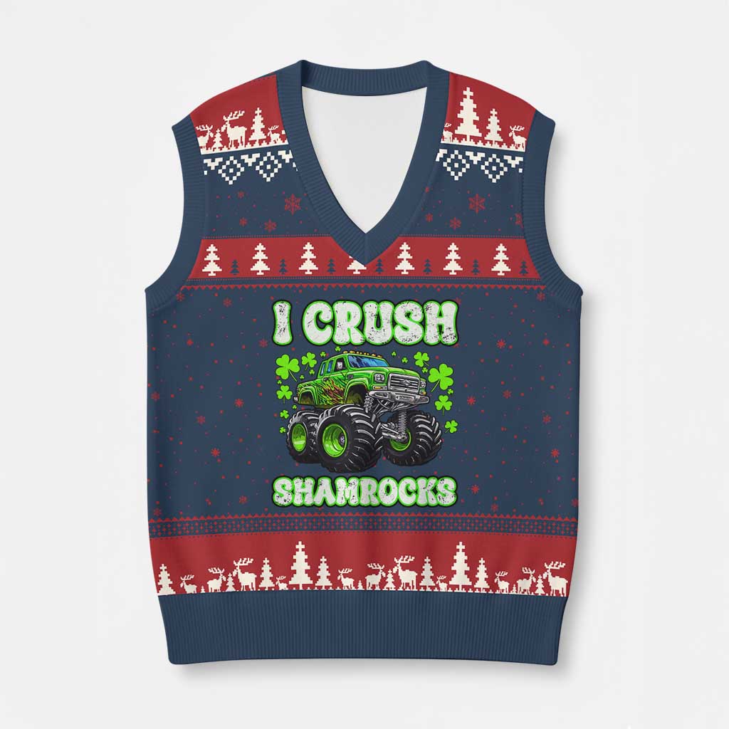 Funny St Patricks Day Monster Truck V-Neck Knit Sweater Vest I Crush Shamrocks Retro - Wonder Print Shop