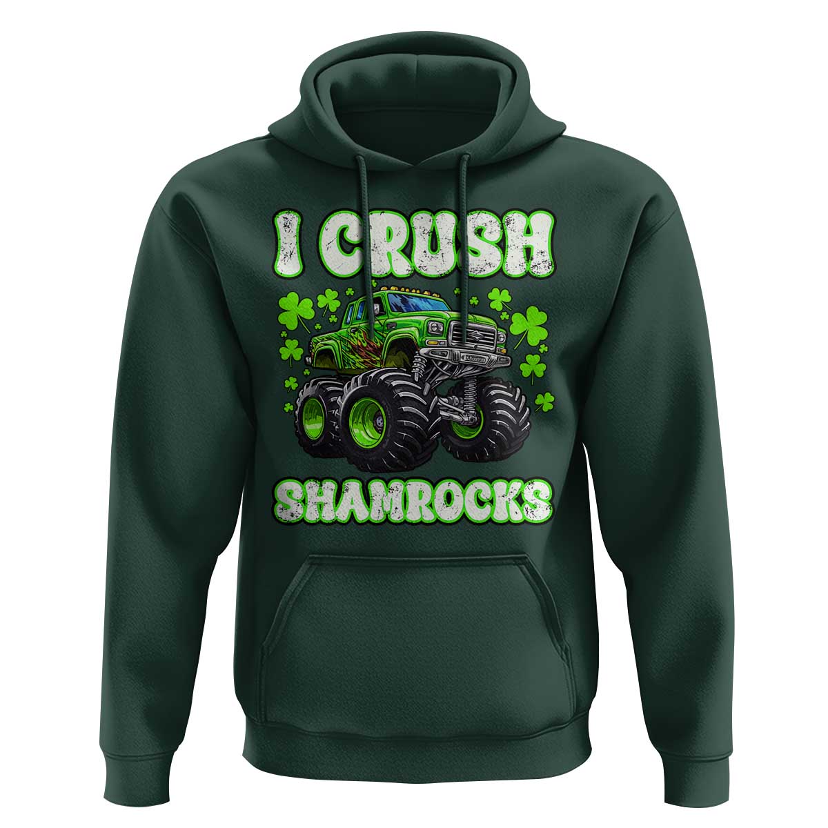 Funny St Patricks Day Monster Truck Hoodie I Crush Shamrocks Retro