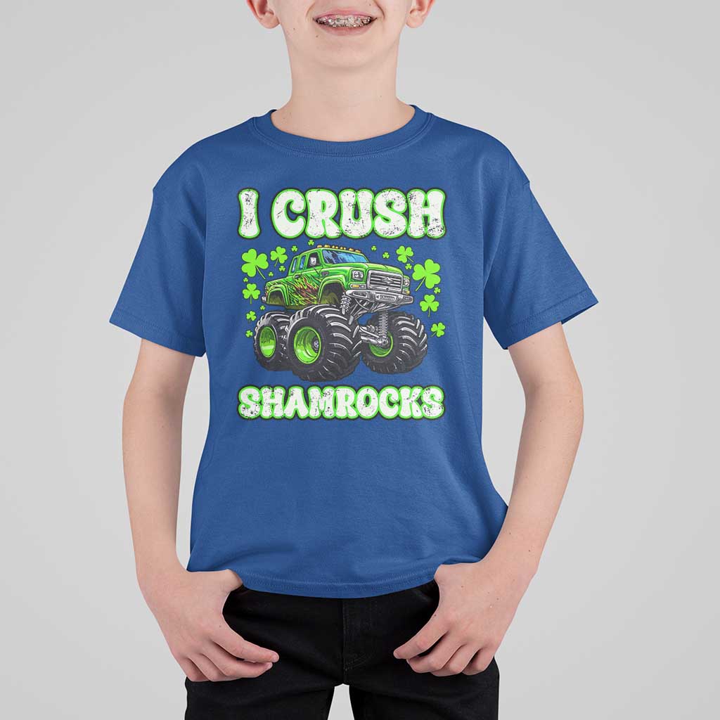 Funny St Patricks Day Monster Truck T Shirt For Kid I Crush Shamrocks Retro
