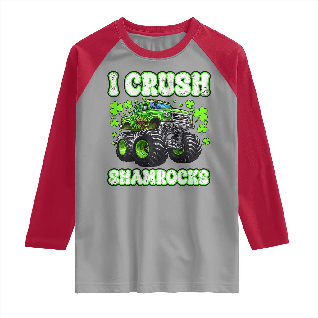 Funny St Patricks Day Monster Truck Raglan Shirt I Crush Shamrocks Retro
