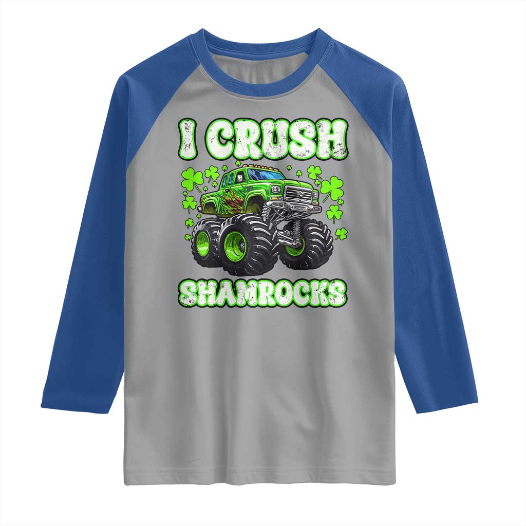 Funny St Patricks Day Monster Truck Raglan Shirt I Crush Shamrocks Retro
