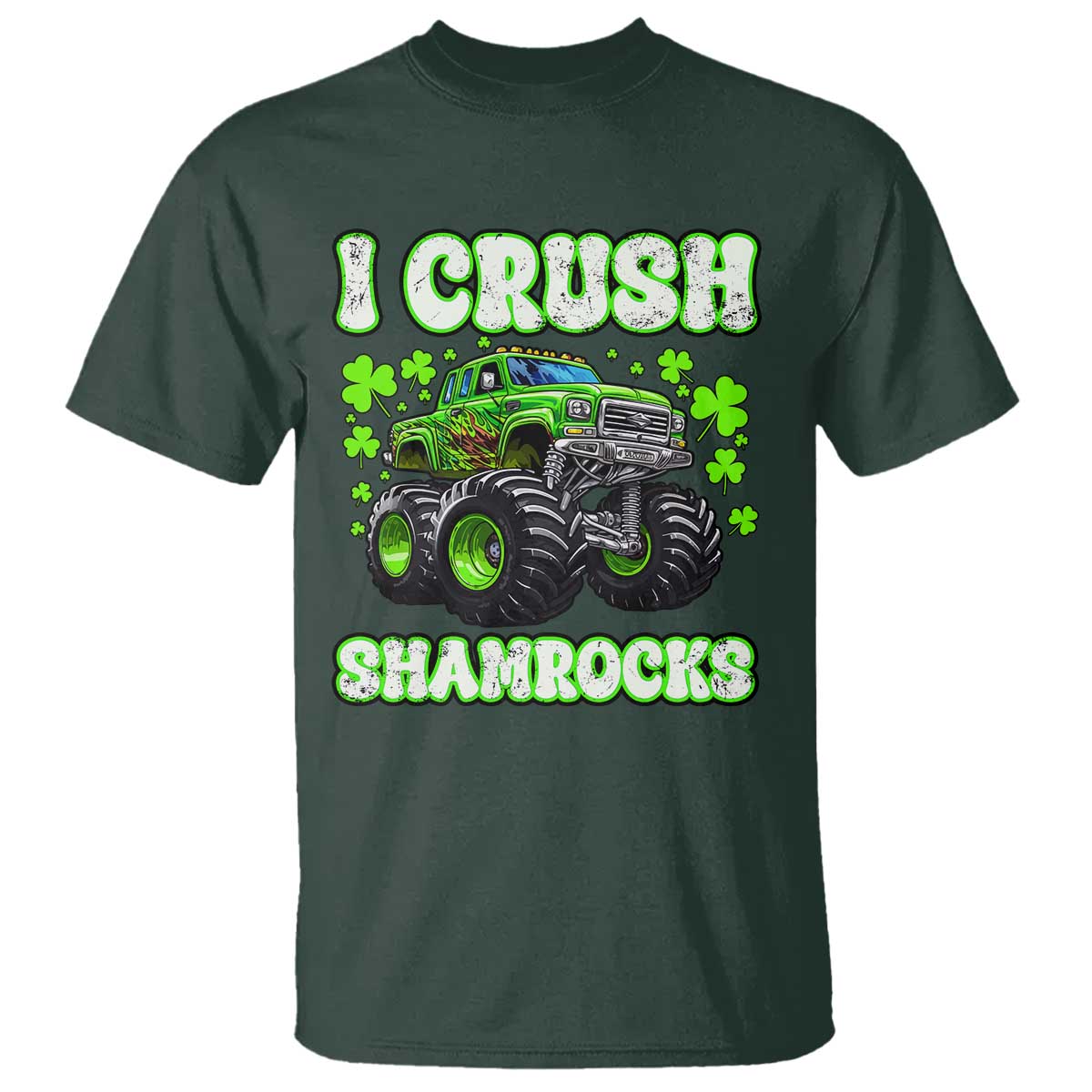 Funny St Patricks Day Monster Truck T Shirt I Crush Shamrocks Retro