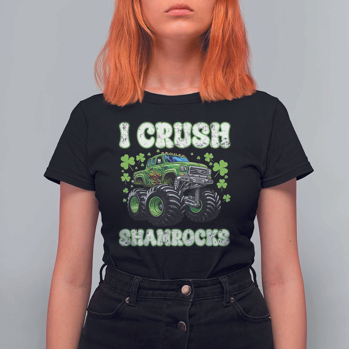 Funny St Patricks Day Monster Truck T Shirt For Women I Crush Shamrocks Retro