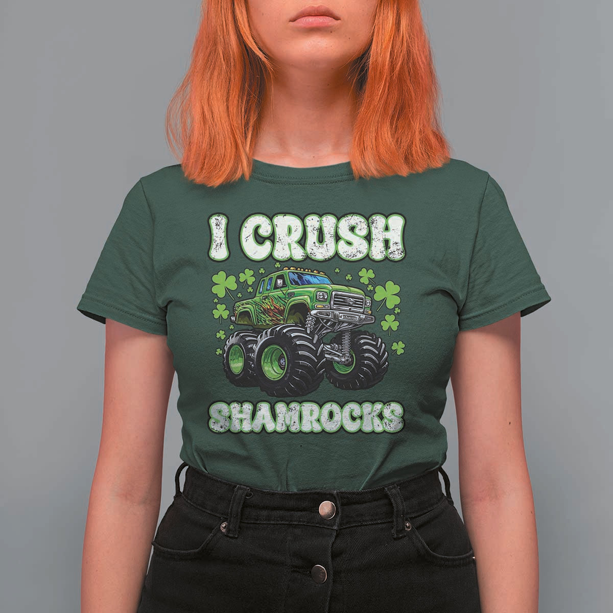 Funny St Patricks Day Monster Truck T Shirt For Women I Crush Shamrocks Retro